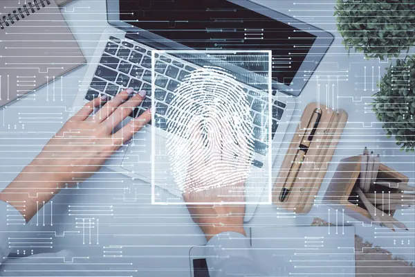 Double Exposure Woman Hands Working Computer Fingerprint Hologram Drawing Top — Stock Photo, Image