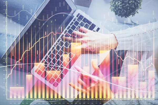 Double Exposure Woman Hands Working Computer Forex Chart Hologram Drawing — Stock Photo, Image