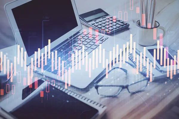 Stock Market Graph Table Computer Background Double Exposure Concept Financial — Stock Photo, Image