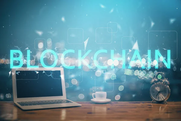 Multi Exposure Blockchain Theme Hologram Table Computer Background Concept Bitcoin — Stock Photo, Image