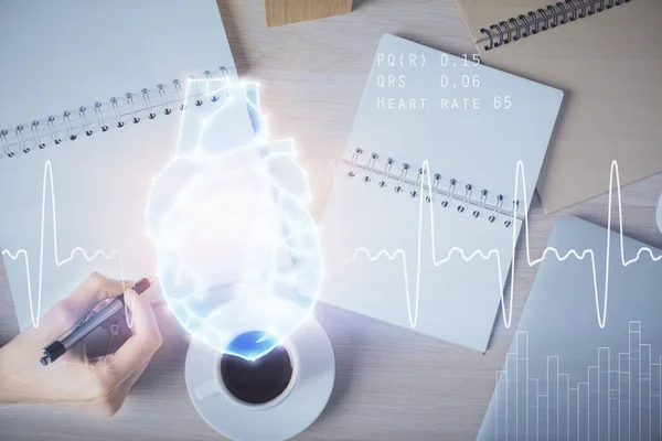 Heart Hologram Woman Hands Writing Background Concept Medical Education Study — Stock Photo, Image