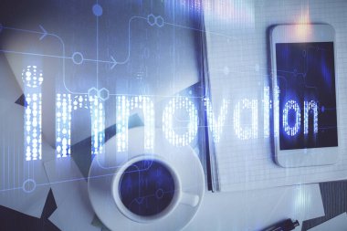 Çalışma masasının üzerine teknoloji teması çizimi çifte pozlama. Üst Manzara. Küresel veri analiz kavramı.