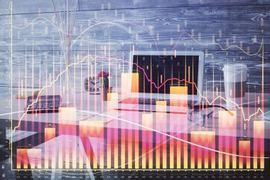 Finansal grafik çizimine ve ofis içi arka planına çifte maruz kalma. Borsa konsepti.