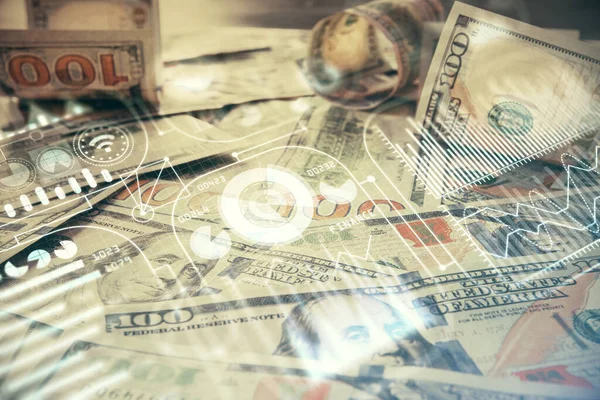 Double exposure of tech theme drawing over usa dollars bill background. Concept of technology.