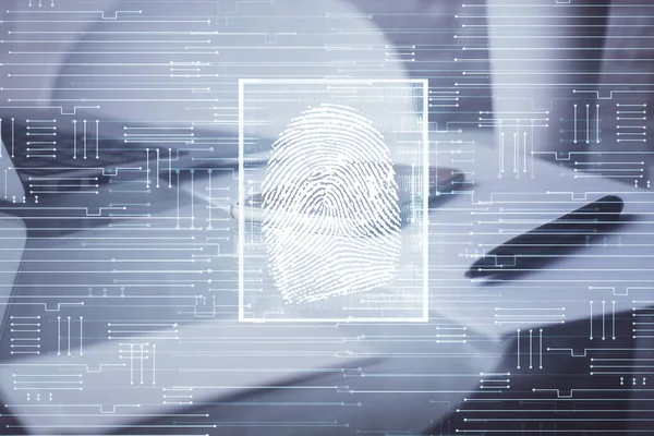 Double exposure of fingeprint drawing and cell phone background. Concept of mobile security