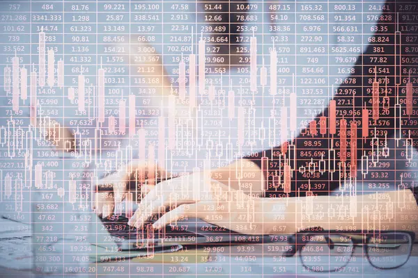 Multi Exposure Woman Hands Typing Computer Financial Graph Hologram Drawing — Stock Photo, Image