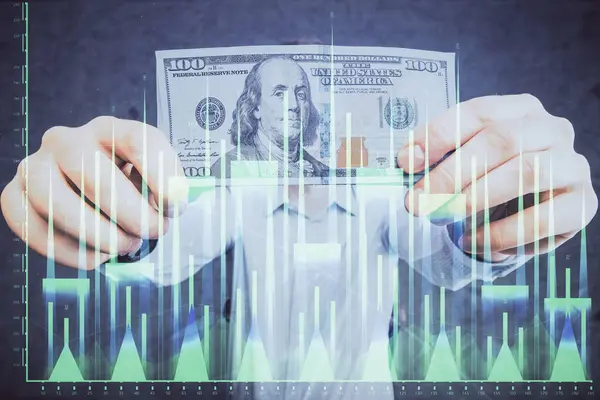 Multi Exponering Finansiella Diagram Rita Hologram Och Usa Dollar Räkningar — Stockfoto
