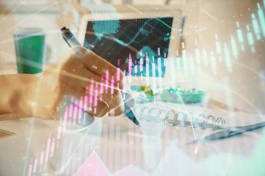 Finansal Forex grafiği el notları arka plan alarak çizilmiş. Araştırma kavramı. Çoklu pozlama