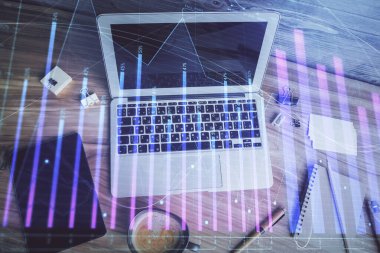 Bilgisayarla arka plan üzerine iki kat mali şema çizimi. Araştırma ve analiz kavramı. Üst görünüm.