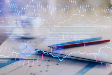 Bilgisayar geçmişi olan eski grafik hologramı. Çifte maruziyet. Finans piyasası kavramı.