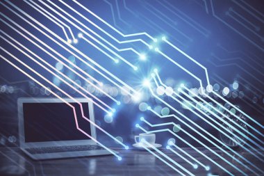 Bilgisayarın arka plan ve teknoloji temalı çizimlerine çoklu maruz kalma. Yenilik kavramı.