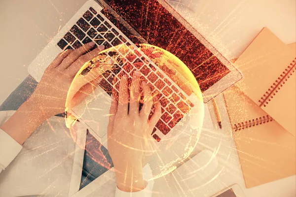 Double Exposure Woman Hands Working Computer Social Network Theme Hologram — Stock Photo, Image