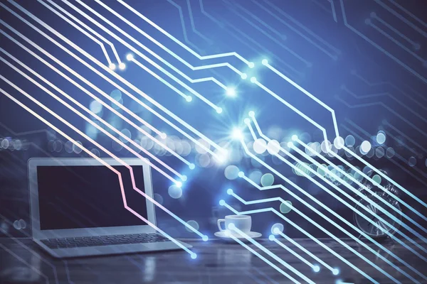 Bilgisayarın arka plan ve teknoloji temalı çizimlerine çoklu maruz kalma. Yenilik kavramı.