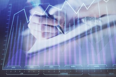 Finansal Forex grafik eller notları arka plan alarak görüntülenir. Araştırma kavramı. Çift Pozlama