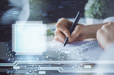 Teknoloji ve dijital kodlama simgeleriyle arka planda kadın elinin çifte pozu. Veri geliştirme konsepti. Kapat..