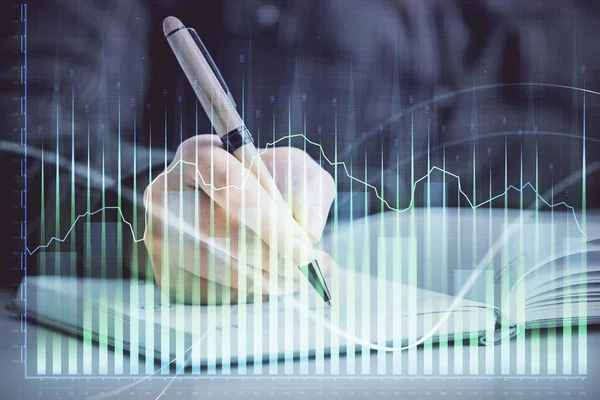Double Exposure Woman Hands Making Notes Forex Graph Hologram Concept — Stock Photo, Image