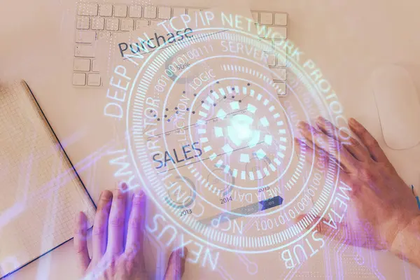 Man's hands with tech theme multi exposure icons. Concept of big data and technology.