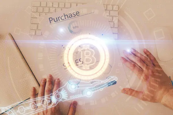 Man Hands Working Notes Background Cryptocurrency Finance Concept Double Exposure — Stock Photo, Image