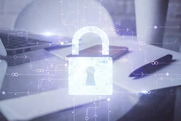 Double exposure of lock drawing and cell phone background. Concept of information security