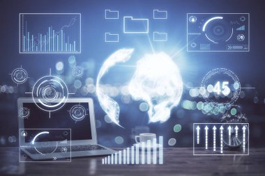 Eski pazar grafiği hologramı ve kişisel bilgisayar geçmişi. Çifte maruziyet. Yatırım kavramı.