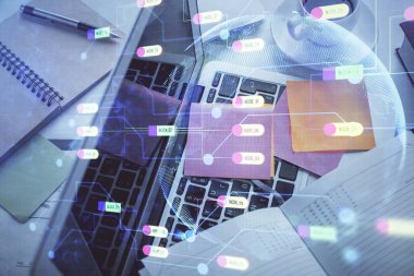 Bilgisayarlı çalışma masası arkaplanı üzerinden veri hologramına çifte maruz kalma. Ai kavramı. Üst görünüm.