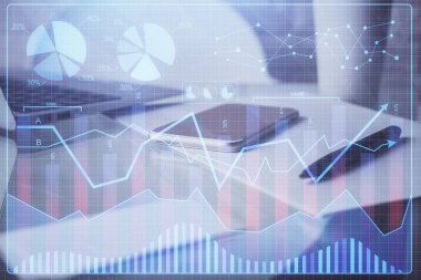Ön x grafik çizimi ve cep telefonu arkaplanı çift pozlama. Mali veri analizi kavramı