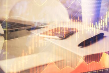 Ön x grafik çizimi ve cep telefonu arkaplanı çift pozlama. Mali veri analizi kavramı