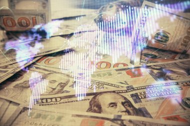 İşletme temasının çoklu pozu bize dolar banknotları üzerinden geçiyor. Finansal başarı kavramı.