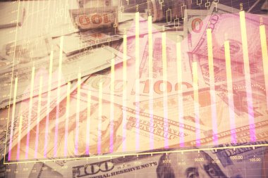 Forx grafiğinin çok sayıda görüntüsü bize dolar banknotları arka planında görünüyor. Finansal başarı piyasası kavramı.