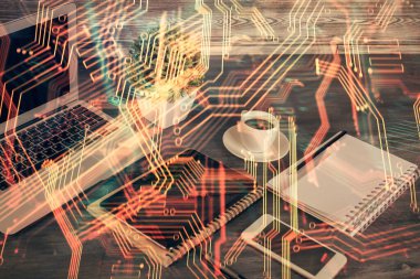 Cep telefonunun arka planında iki kat teknik temalı skeç var. Teknoloji kavramı