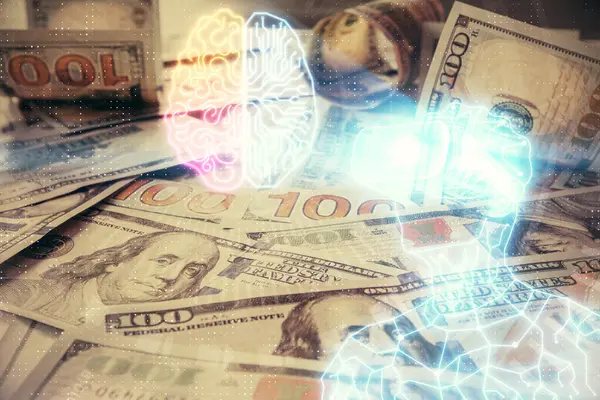 Usaドル紙幣を背景に描いたVrメガネを身に着けている男の二重露出 仮想現実の概念 — ストック写真