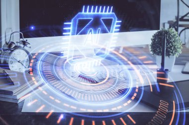 Arka planda bilgisayar ve teknik tema çizimi olan iki kat masaüstü görüntüsü. Büyük veri kavramı.