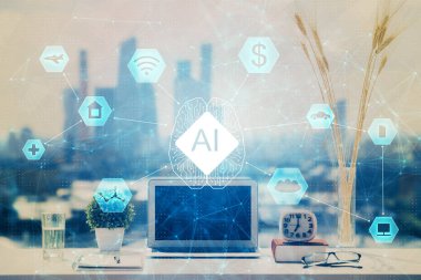 Arkaplanda bilgisayar ve veri temalı çizim tablosu çoklu pozlama. Yenilik kavramı.