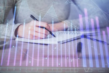 Hands Not defteri hisse senedi piyasası hakkında bilgi yazma. Ön Forex grafik hologramlar. Araştırma kavramı. Çoklu pozlama