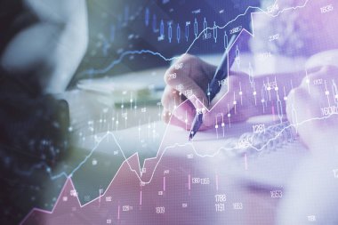 Finansal Forex grafik eller notları arka plan alarak görüntülenir. Araştırma kavramı. Çoklu pozlama