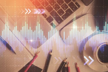 Bilgisayarla arka plan üzerine iki kat mali şema çizimi. Araştırma ve analiz kavramı. Üst görünüm.