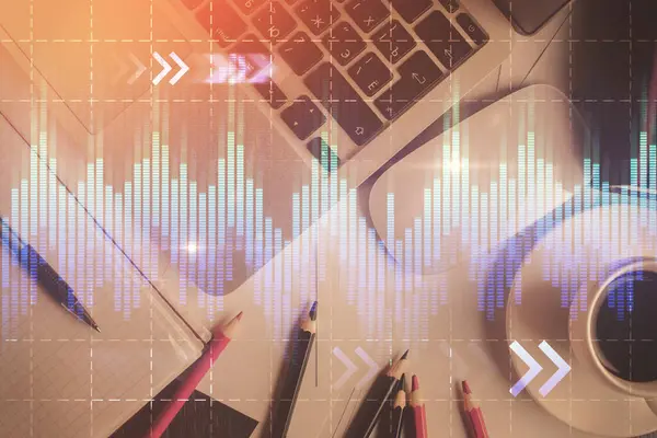 Bilgisayarla arka plan üzerine iki kat mali şema çizimi. Araştırma ve analiz kavramı. Üst görünüm.