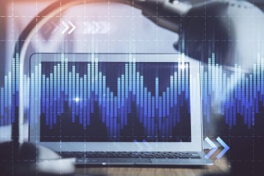 Eski pazar grafiği hologramı ve kişisel bilgisayar geçmişi. Çoklu maruz kalma. Yatırım kavramı.