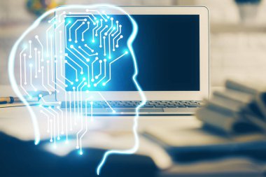 Bilgisayar ve insan beyninin hologram çizdiği çalışma alanının iki katına çıkarılması. Beyin fırtınası konsepti.