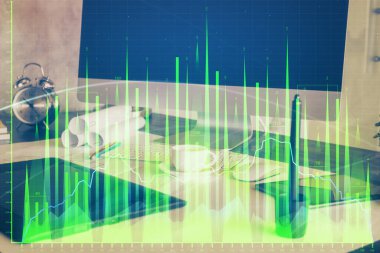 Eski pazar grafiği hologramı ve kişisel bilgisayar geçmişi. Çoklu maruz kalma. Yatırım kavramı.