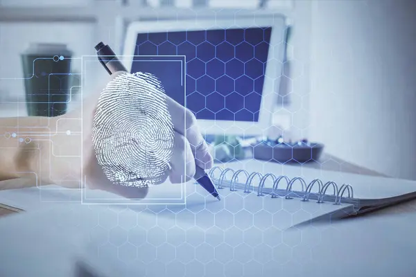Blue Fingerprint Hologram Hands Taking Notes Background Concept Security Double — Stock Photo, Image