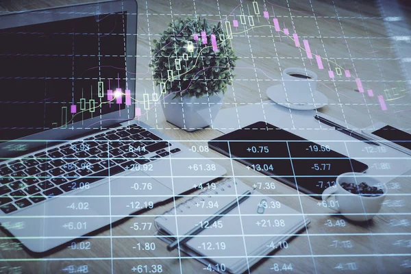 Hologramm Des Devisenmarktdiagramms Und Hintergrund Des Pcs Mehrfachbelichtung Investitionskonzept Stockbild