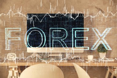 Finansal grafik çizimi ve ofis içi arka planının çoklu pozu. Pazar analizi kavramı.