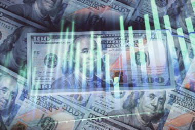 Forx grafiğinin çok sayıda görüntüsü bize dolar banknotları arka planında görünüyor. Finansal başarı piyasası kavramı.