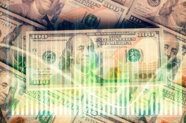 Forx grafiğinin çok sayıda görüntüsü bize dolar banknotları arka planında görünüyor. Finansal başarı piyasası kavramı.