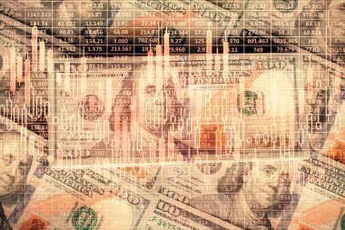 Forx grafiğinin çok sayıda görüntüsü bize dolar banknotları arka planında görünüyor. Finansal başarı piyasası kavramı.