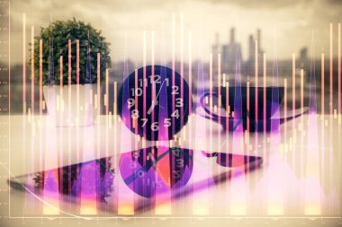 Ön x grafik çizimi ve cep telefonu arkaplanı çift pozlama. Mali veri analizi kavramı