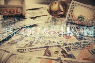 Şifreli temanın çoklu pozu bize dolar banknotları arkaplanı çiziyor. Engelleme zinciri başarısı kavramı.