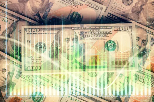 stock image Multi exposure of forex chart drawing over us dollars bill background. Concept of financial success markets.