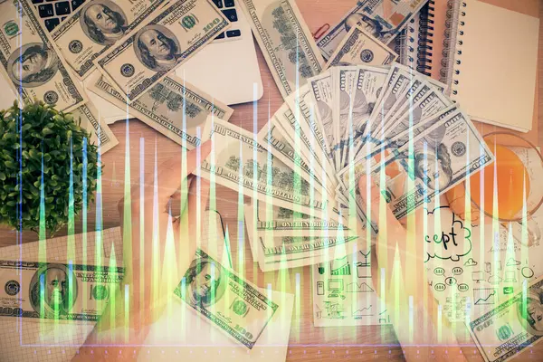 Multi Expozice Finanční Graf Kreslení Hologram Americké Dolary Bankovky Mužské — Stock fotografie